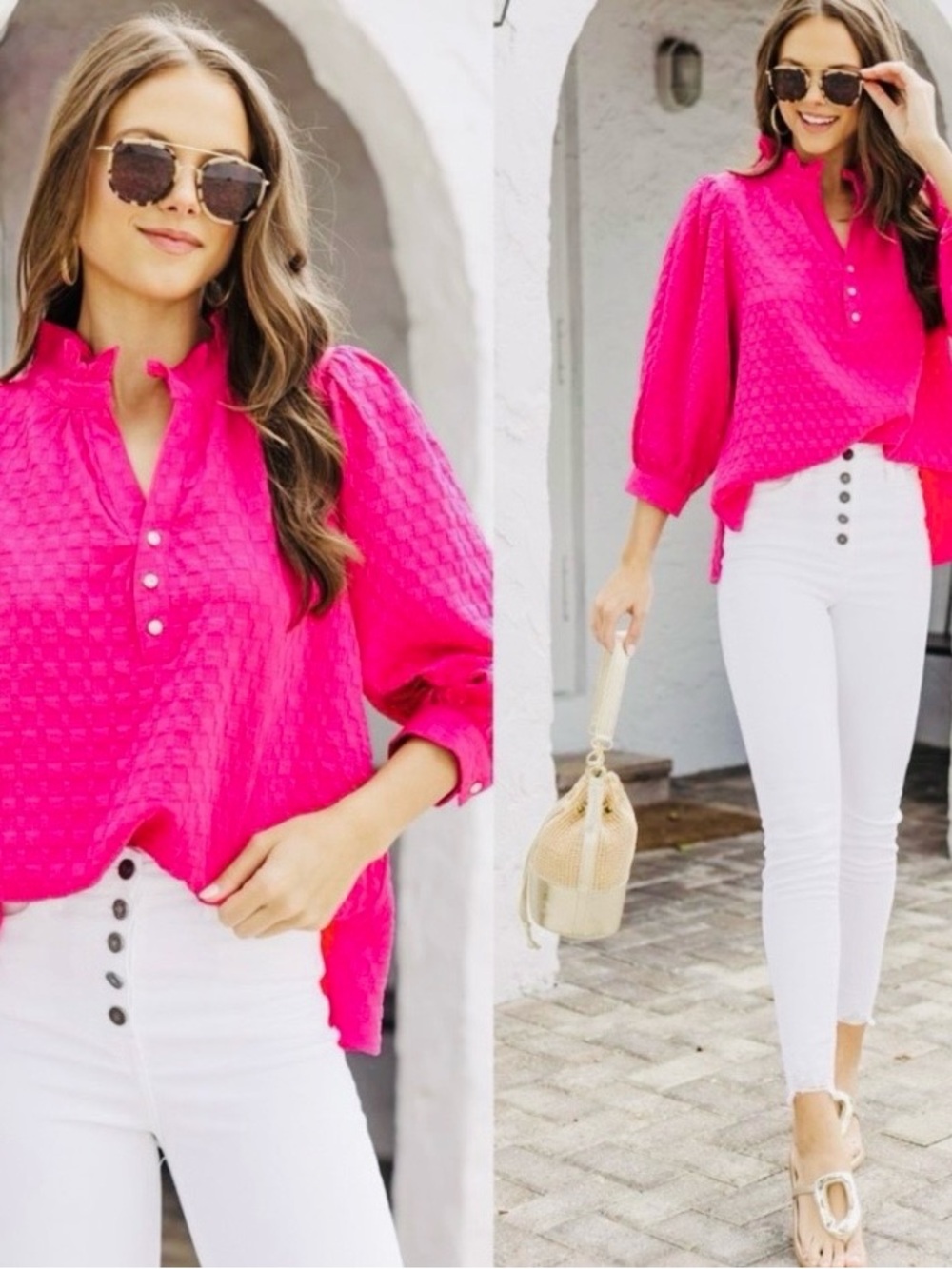 Shop the Mint Textured Knit V-Neck Pullover Blouse Ruffled Collar 3/4 sleeves M - Picture 2 of 9
